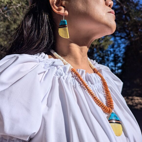 Native American Handmade Tribal Necklace Earrings Set Santo Domingo Kewa Shell * - Picture 11 of 13